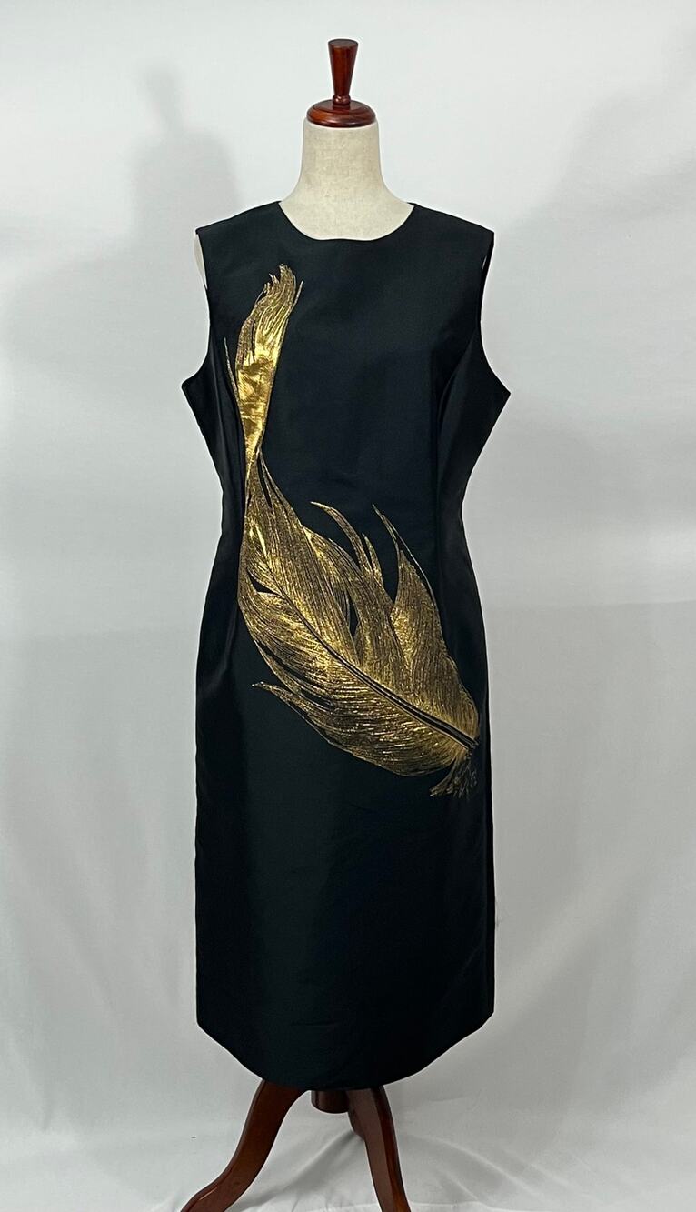 OSCAR de la RENTA Sz 14 Black Gold Feather Print Sheath Dress
